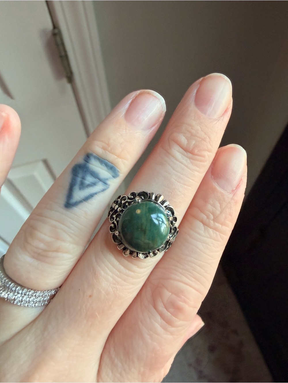 Green Stone Silver-Accent Statement Ring adjustable